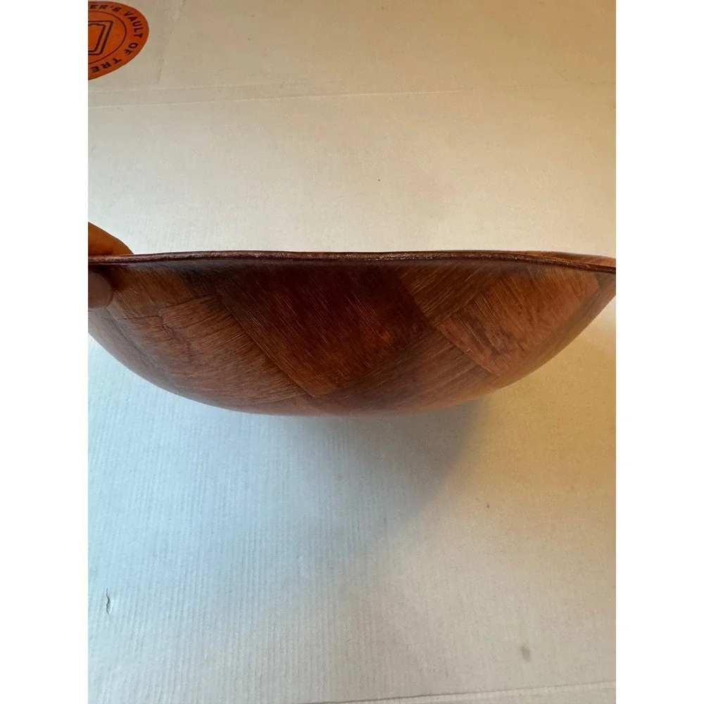 Vintage Large Woven Wood Salad Bowl 14 Inch Mid Century Serving Bowl Brown